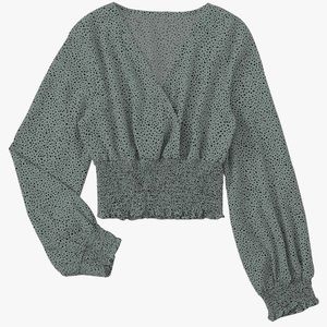 V Neck Shirred Polka Dots Long Sleeve Frill Crop Blouse Green